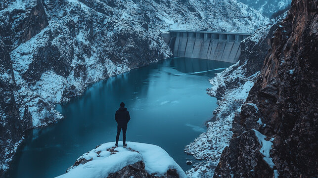 Stunning winter landscape view man snow covered mountains dam reservoir ice cold blue cold gray dark