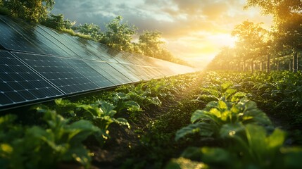 Solar Panels Glimmering in Green Field at Sunrise with Vegetables