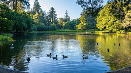 Fototapeta premium Serene park scene featuring ducks swimming in a tranquil pond surrounded by lush greenery