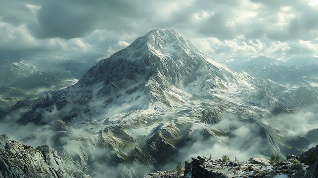 Majestic snow-capped peak, mountain range, cloudscape, aerial view, nature wallpaper. - Powered by Adobe