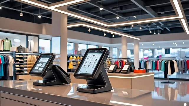 Modern Retail Store with Digital Touchscreen Point-of-Sale Systems and Contemporary Interior Design for Smart Shopping

