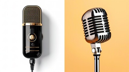 Fototapeta premium Two distinctive microphones showcasing different styles: a modern black microphone and a vintage silver microphone. generation comparison, old vs new age