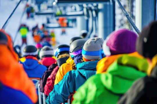 Exciting moments in a bustling ski lift line as colorful skiers enjoy a day on the slopes with laughter and companionship. Generative AI