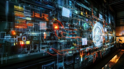 Futuristic digital interface showcasing complex technology with glowing circuits and data displays