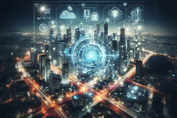 Obraz premium Futuristic digital technology city scape of Light and Technology in Cyberspace.