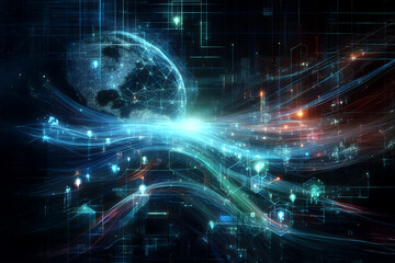 Naklejka premium Abstract futuristic - technology Design digital Artificial intelligence. Science background. Big data circuit board texture background design. Waves flow. Quantum .technology concept. 3d illustration.