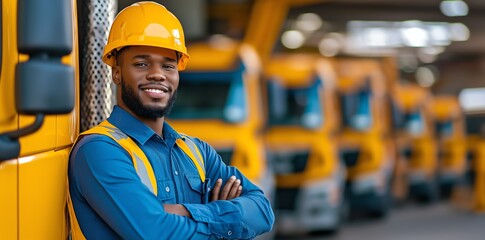 A confident worker smiles while standing in front of a fleet of yellow trucks in a warehouse. He showcases the importance of teamwork and dedication in the logistics industry.