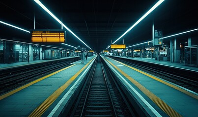 Empty train station platform at night with glowing lights
