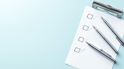 Clipboard with checklist and pens on blue background, symbolizing organization and productivity.