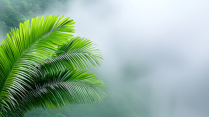 Fototapeta premium Lush green palm leaves in misty jungle nature photography tropical environment close-up viewpoint