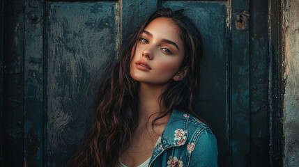 Naklejka premium Beautiful young woman with long brown hair posing against a dark wooden door background girl eyes
