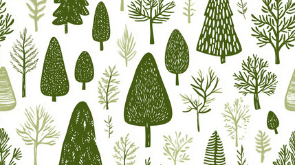 Seamless hand drawn forest pattern. Green and white. Vintage vector illustration.