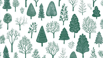 Seamless hand drawn forest pattern. Green and white. Vintage vector illustration.