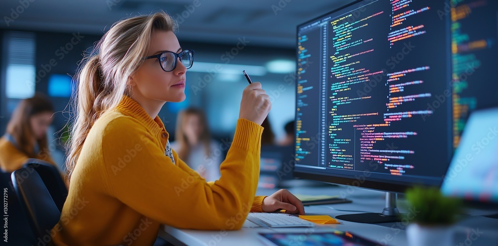 Poster a focused young woman programming on a computer, surrounded by code display on multiple monitors