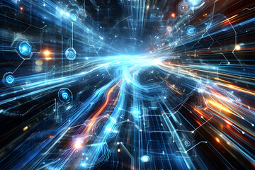 Fototapeta premium Abstract futuristic - technology Design digital Artificial intelligence. Science background. Big data circuit board texture background design. Waves flow. Quantum .technology concept. 3d illustration.