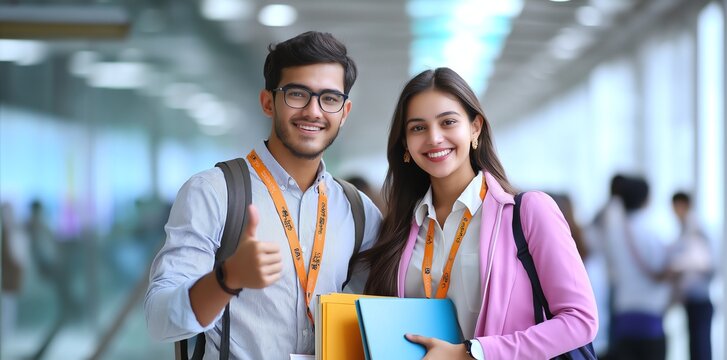 A bright and cheerful young couple poses confidently for the camera, showcasing their academic spirit with notebooks and smiles in a vibrant educational environment.
