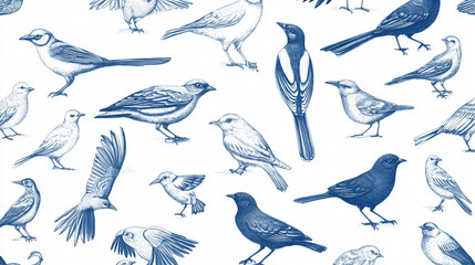 Seamless hand drawn pattern of various birds. Blue and white. Vintage vector illustration. 