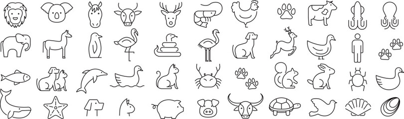 Obraz premium ベクターでモノクロの動物に関する線画アイコンセット