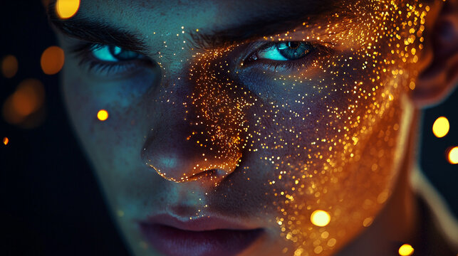 Closeup portrait mysterious man glowing face golden sparkle artistic dark background eyes model style
