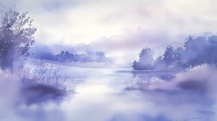 Fototapeta premium Serene Watercolor Landscape of Blue Misty Lake and Mountains