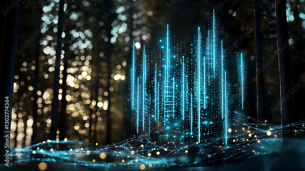 Poster digital transformation event data visualization in a forest 3d render nature environment futuristic 