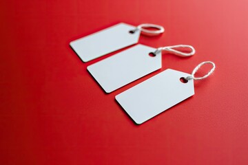 Ultra Hd Visual of Three White Tags Lie on a Red Background