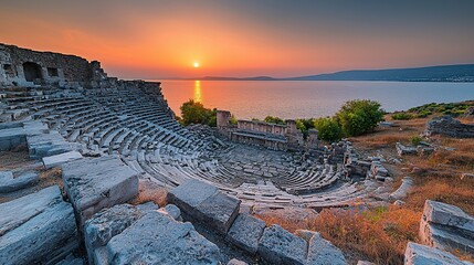 Naklejka premium Ancient theater ruins at sunset overlooking calm sea.