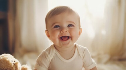 Happy Baby Smiling Brightly with Soft Lighting in a Cozy Room