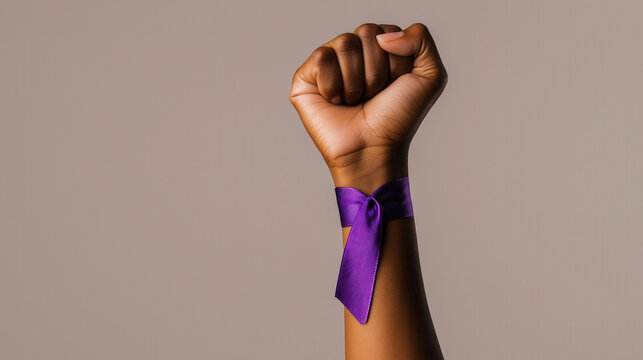 Raised woman's fist with a purple ribbon wrapped around the wrist, symbolizing strength and unity