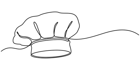 Chef hat in one continuous line drawing. Symbol of cooking and restaurant kitchen in simple linear style. Professional uniform in editable stroke. Doodle vector illustration. 