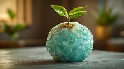 Sapling growing from ice globe on table, home background, environmental concept.