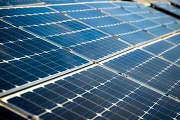 Solar panels in sunny field with fluffy clouds. Neural network AI generated