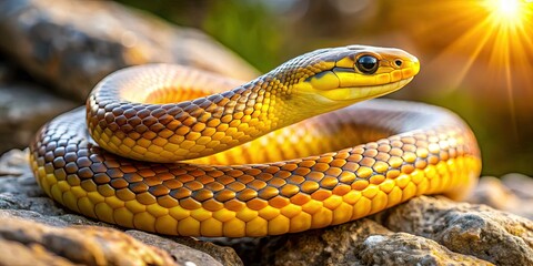 Fototapeta premium Low-light reptile photography: a yellow-bellied snake finds warmth in a rocky crevice, a perfect wildlife shot.