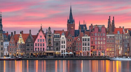 Obraz premium Ghent, Belgium cityscape at sunset with colorful reflections in the Graslei River