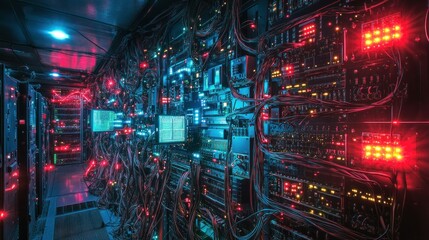 A vibrant server room filled with illuminated servers and tangled cables, showcasing technology in action