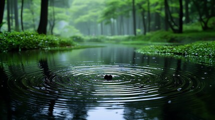 Fototapeta premium Serene forest stream ripples, misty green trees background, nature peace.