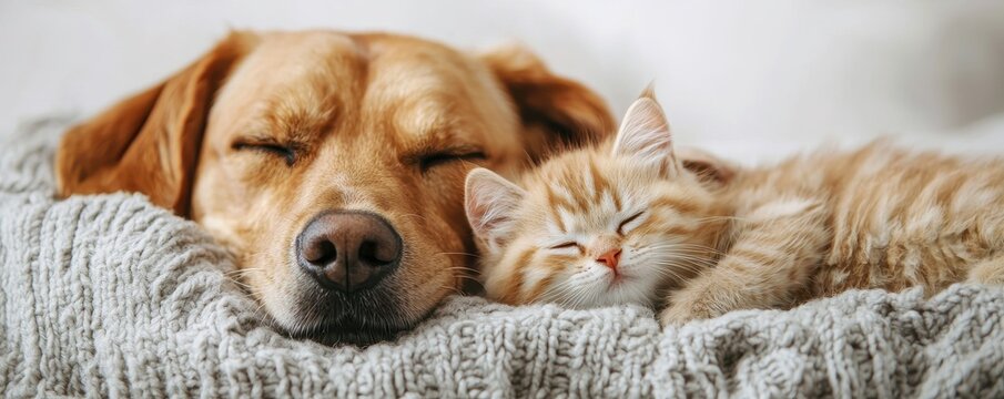 National pet day with companionship and dog concept. Cozy dog and cat sleeping together on a blanket.