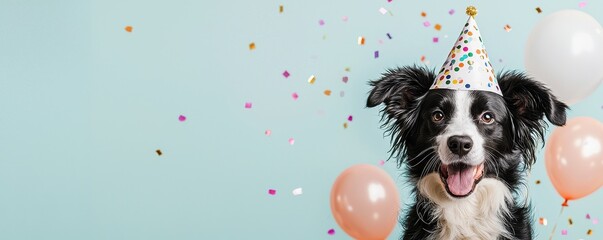 National pet day with companionship and dog concept. Happy dog celebrating with a party hat and balloons.