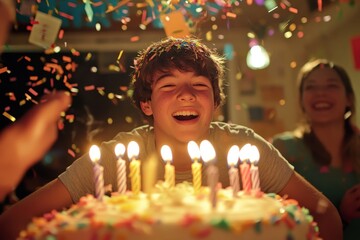 Joy fills the room as a teenager smiles brightly while blowing out birthday cake candles surrounded by colorful confetti and streamers. Generative AI