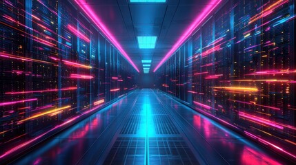 Futuristic Data Center with Neon Lights and Speeding Data Streams