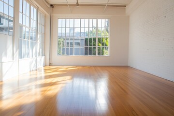 Fototapeta premium Empty loft room with large windows, natural light
