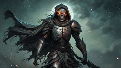 A menacing skeletal figure cloaked in dark armor, illuminated by fiery eyes against a dramatic cosmic backdrop.