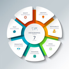 Infographic circular diagram with 7 options. Round chart that can be used for business presentations, educational resources, marketing materials, visualizing data, simplifying complex information.