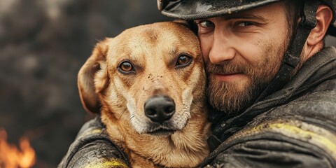National pet day with companionship and dog concept. Firefighter embraces a dog in a moment of relief and connection.