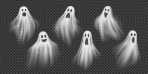 Realistic Halloween ghosts scary flying phantoms. 3d vector set of transparent white ghoul or spirit silhouettes with spooky faces. Horror holiday floating phantoms or nightmare shadows, foggy figures