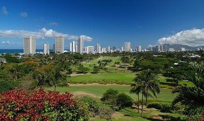 Obraz premium Golf course with city skyline view, tropical landscape, sunny day, ideal for travel ads