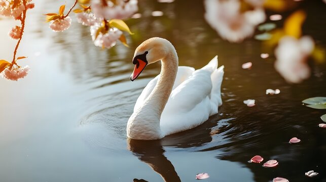 White swan swimming in a lake surrounded by blooming cherry blossoms and water lilies, Generative AI