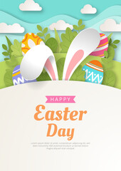 Happy Easter background with paper cut bunny, flowers and eggs. Vector illustration.