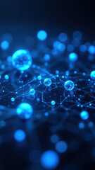 Blue glowing atoms with neural network-like connections, symbolizing ci/cd, docker, kubernetes, devops.