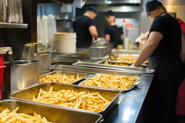 Busy fast food kitchen filled with golden fries being prepared by attentive staff during peak service hours. Generative AI